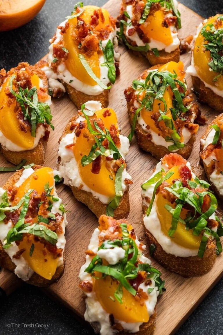 Peach bruschetta on a tray.