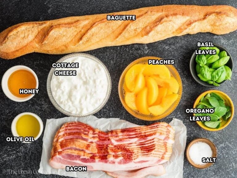 Labeled ingredients for peach crostini.