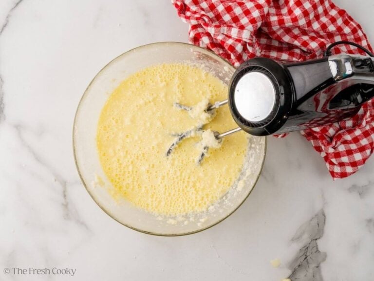 Milk mixture mixed in with the butter and sugar.