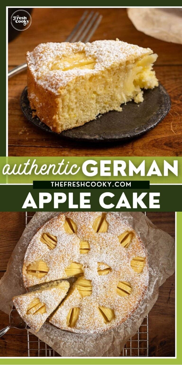 A slice and whole German apple cake, to pin.