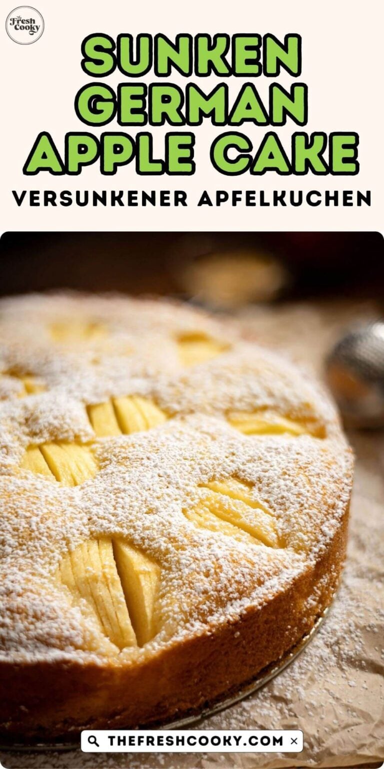 Powdered sugar dusted German apple cake, versunkener apfelkuchen to pin.