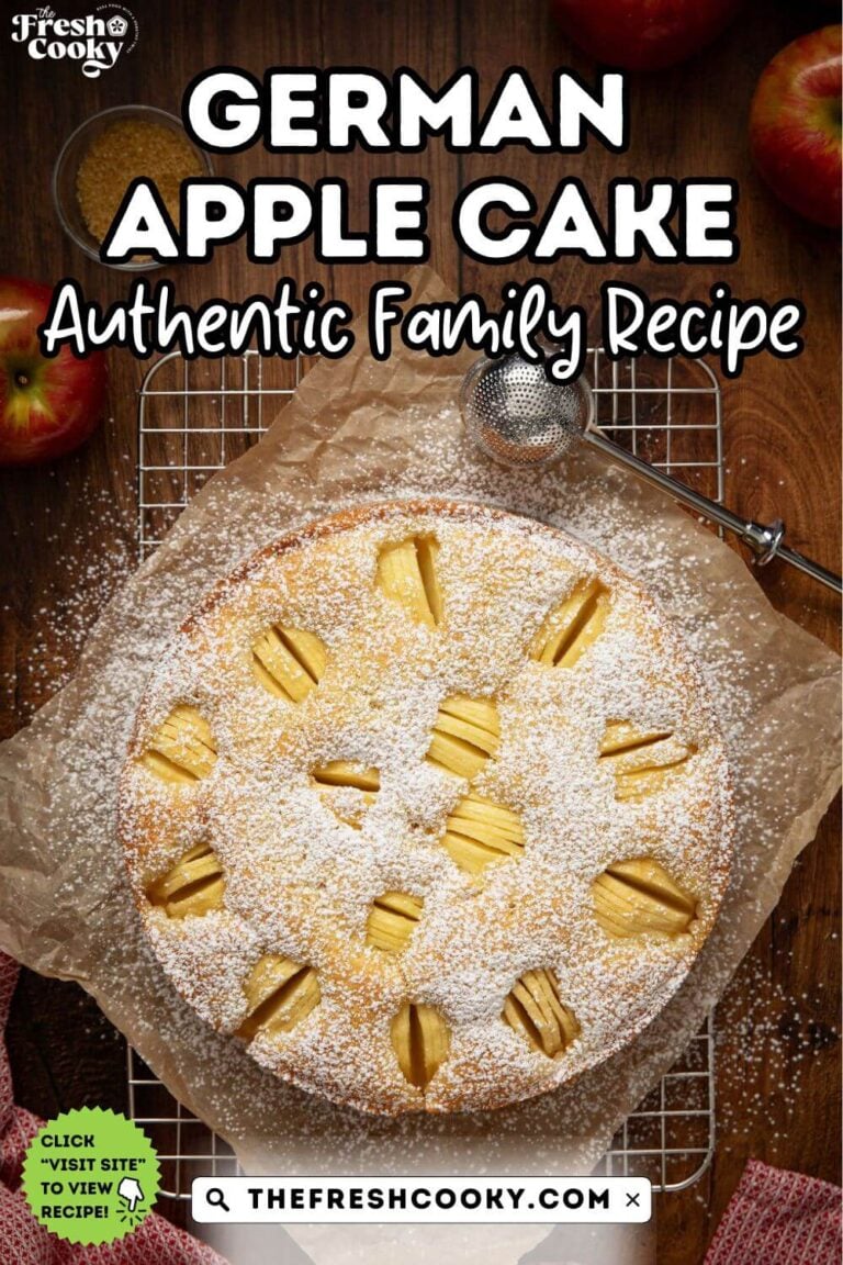 A powdered sugar sprinkled German apple cake for pinning.
