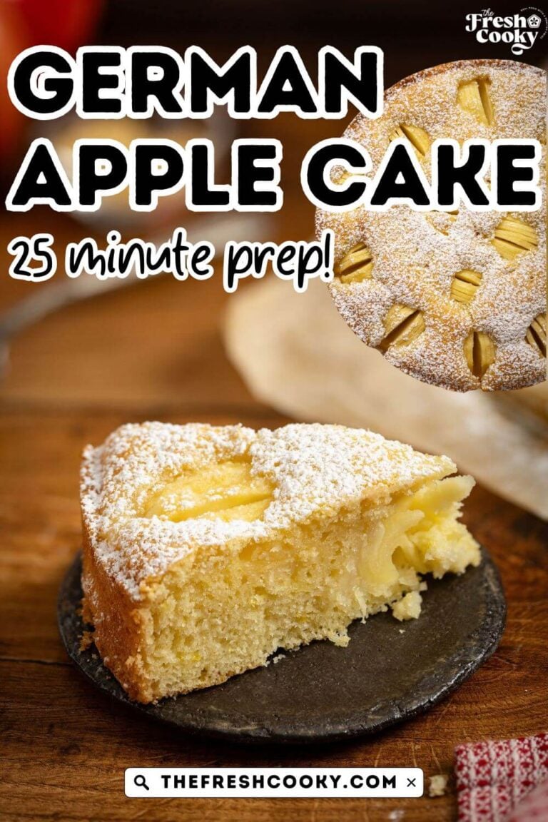 German apple cake slice on a plate, for pinning.