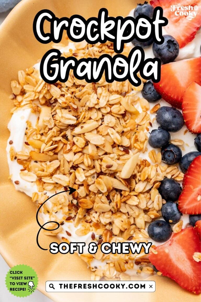 Soft granola on a yogurt parfait, for pinning.