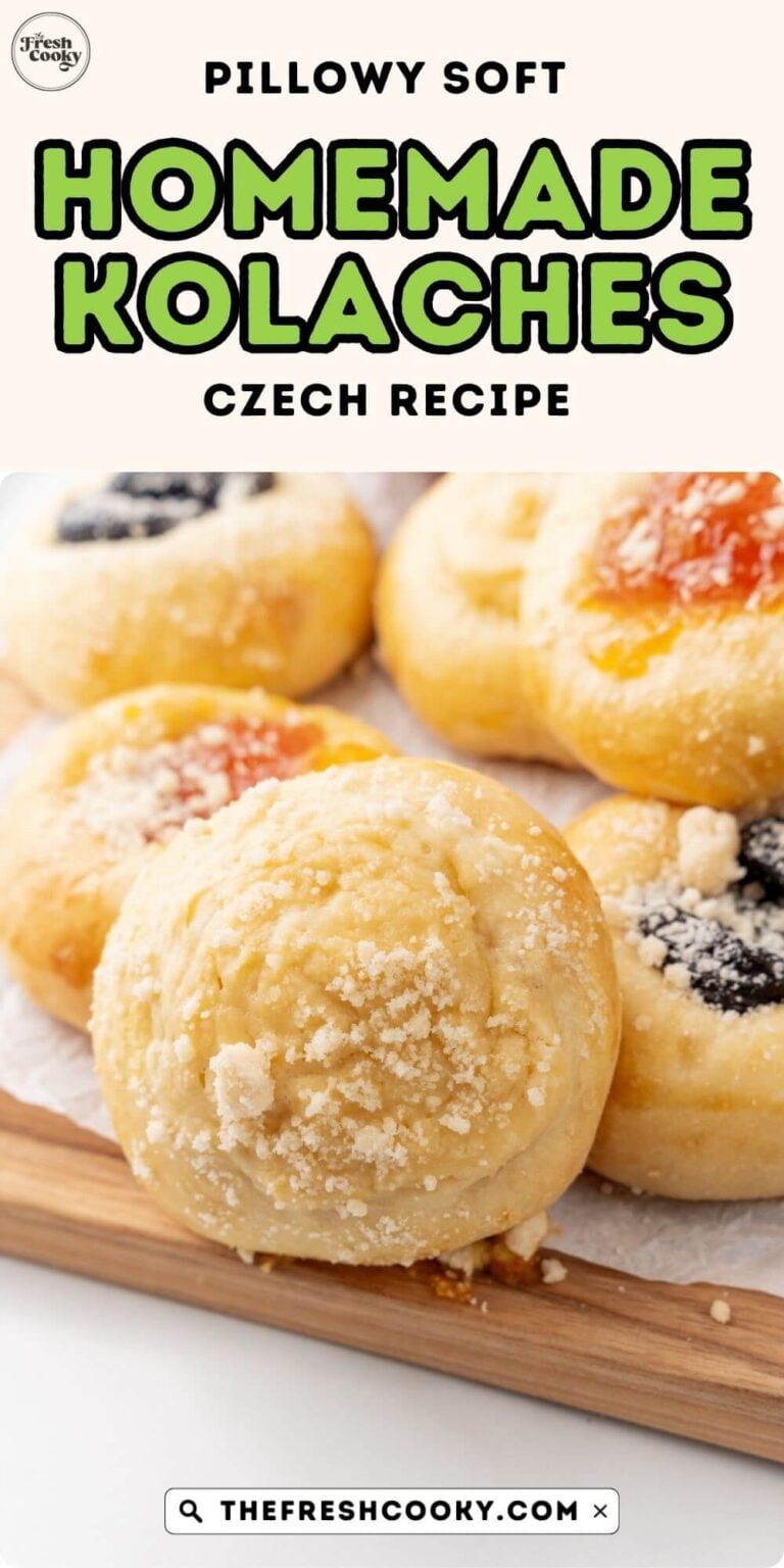 Kolache on a cutting board, ready to eat, for pinning.