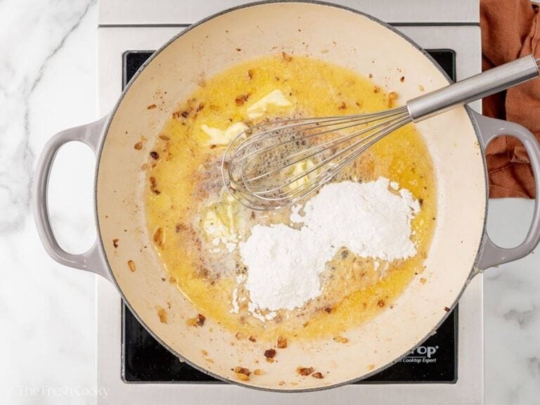 Flour added to the melted butter in a skillet.