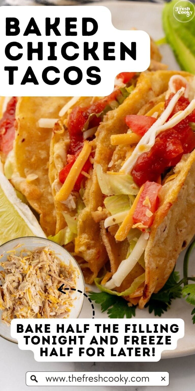 Close up of shredded chicken and crisp chicken tacos, to pinning.
