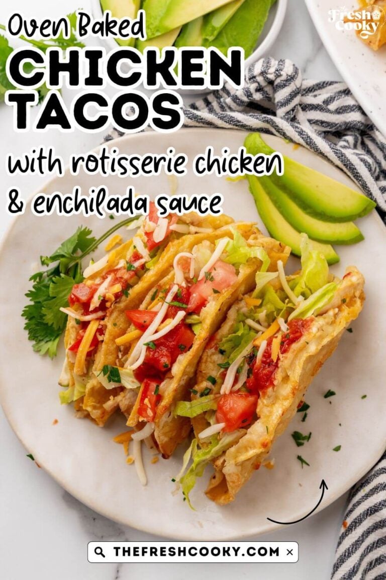 Crispy chicken tacos with lots of toppings on a plate, to pin.