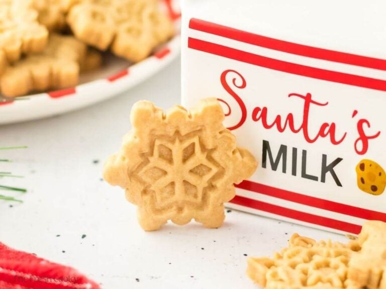 One shortbread cookie in the shape of a snowflake next to a milk carton.