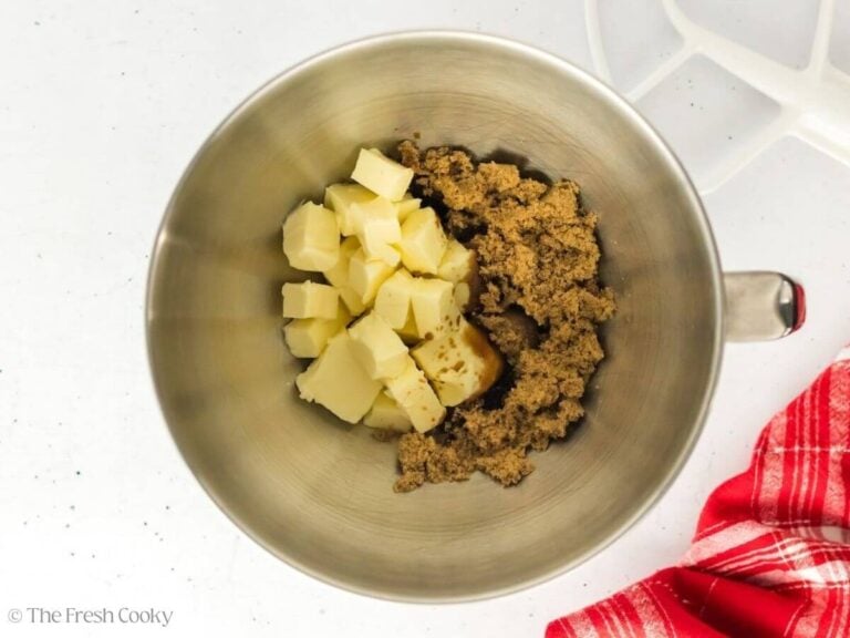 Brown sugar and butter in the bowl of stand mixer.
