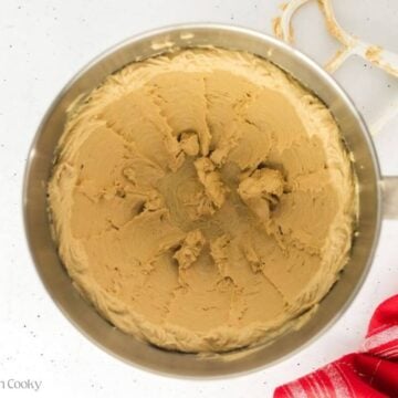 Butter and brown sugar creamed together in a stand mixer bowl.