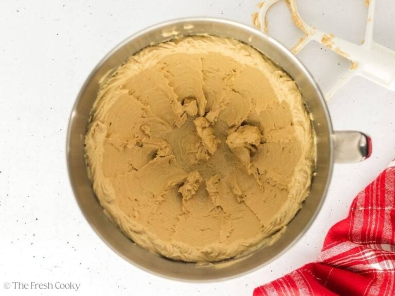 Butter and brown sugar creamed together in a stand mixer bowl.