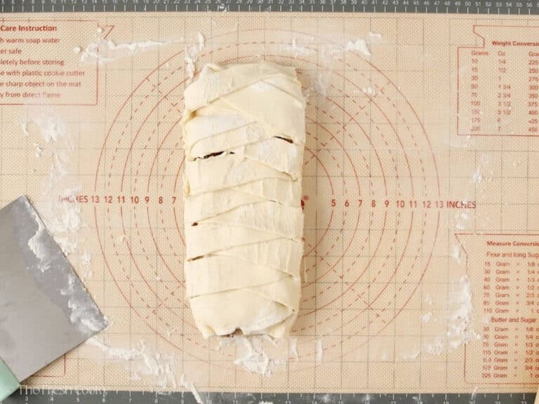 Assembled Danish kringle with pecan filling before being baked.
