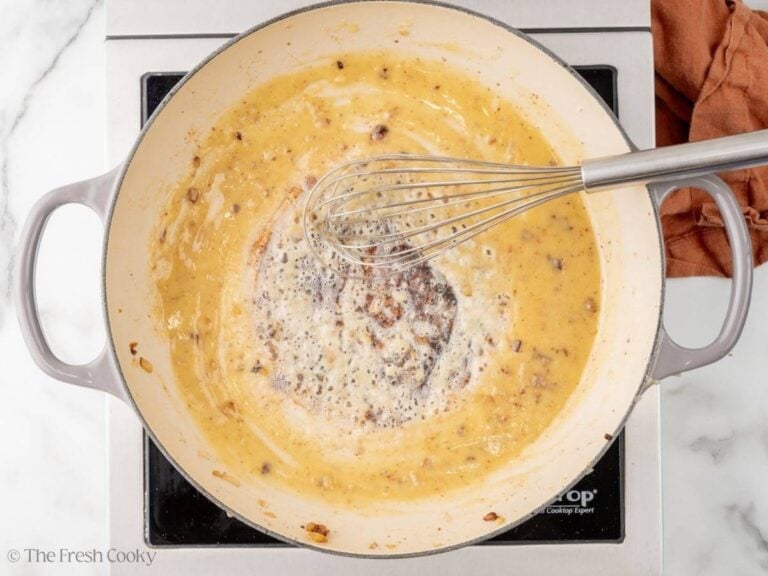 Flour and butter cooking in a skillet for the Swedish meatball sauce.