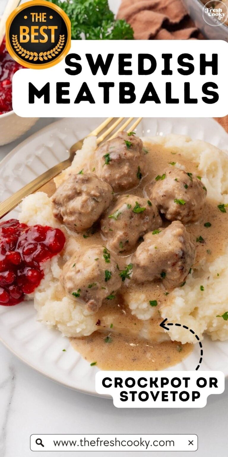 A fork in a plate of Swedish meatballs on mashed potatoes, for pinning.