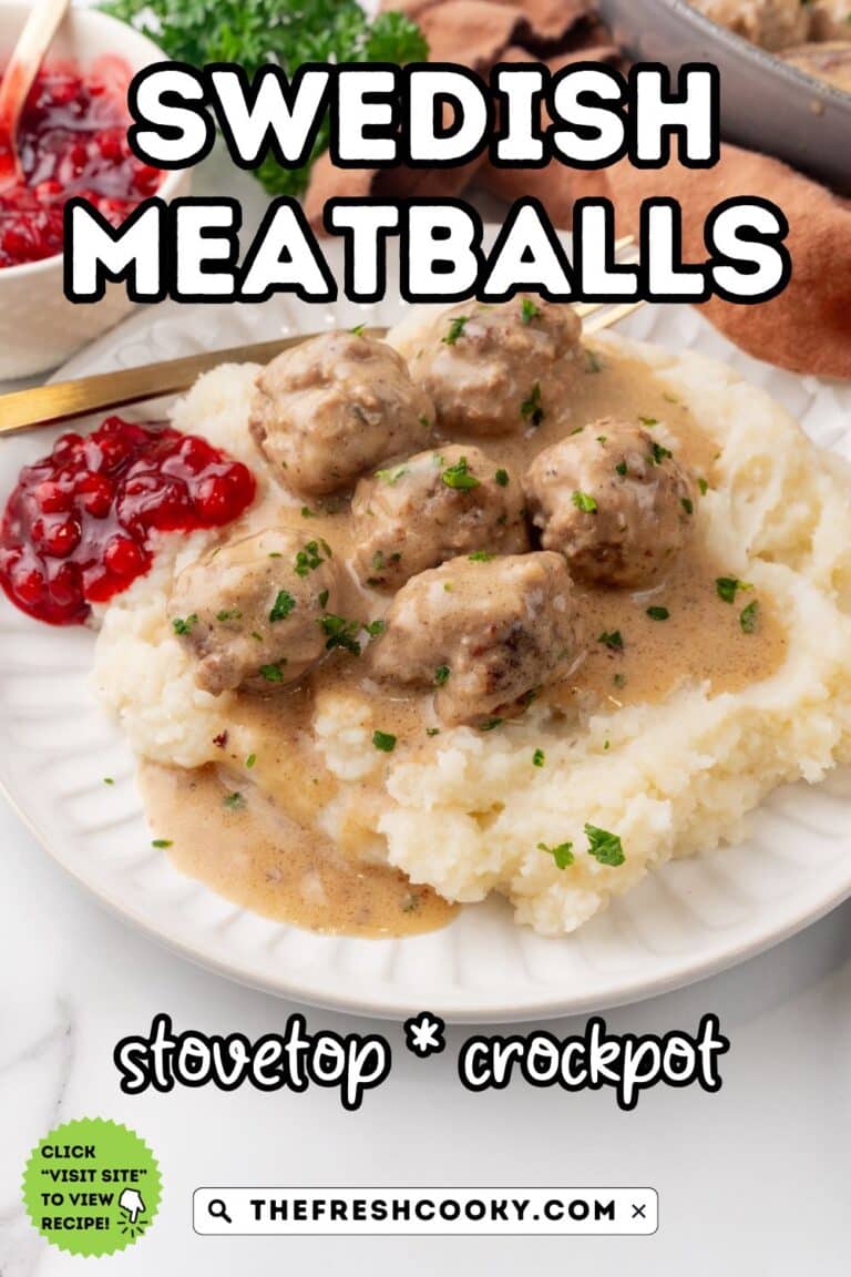 Swedish Meatballs on top of creamy mashed potatoes with lingonberry jam for pinning.