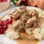 Side view of saucy Swedish meatballs on a bed of mashed potatoes with a side of ligonberry jam.