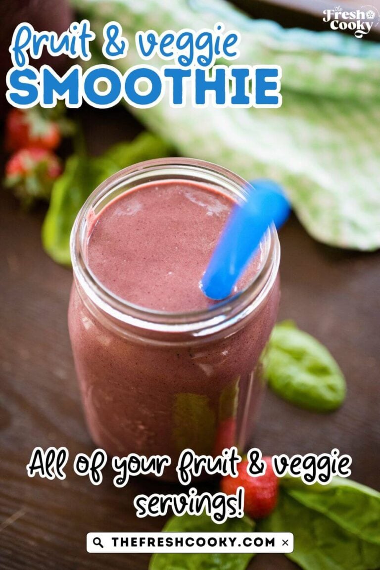 Frozen fruit and vegetable smoothie in mason jar with wide mouth straw for pinning.