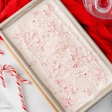 Peppermint ice cream placed in a loaf pan and topped with crushed candy canes.