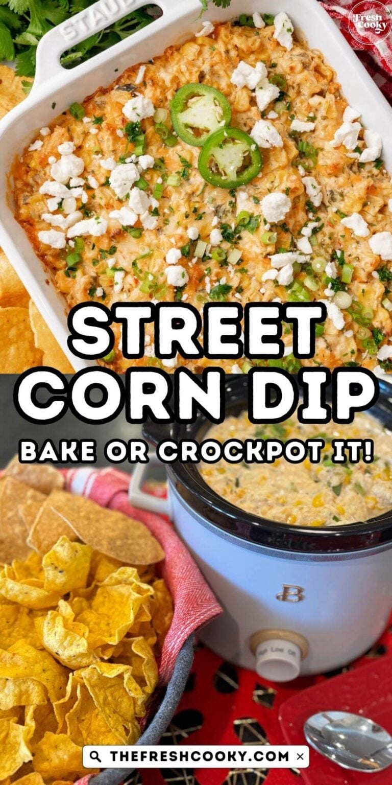 Baking dish filled with corn dip, and crockpot filled with street corn dip, for pinning.