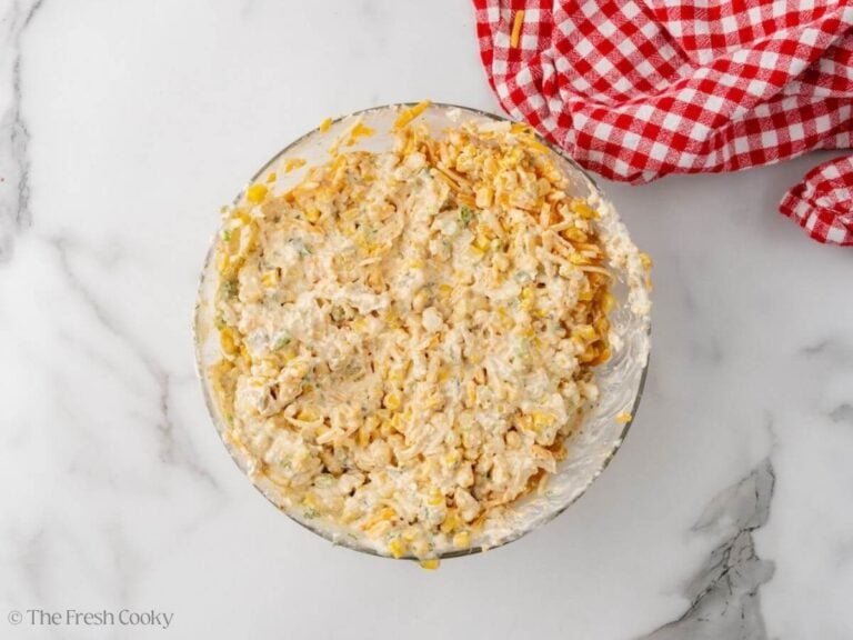 Mexican street corn dip all mixed together in a mixing bowl.