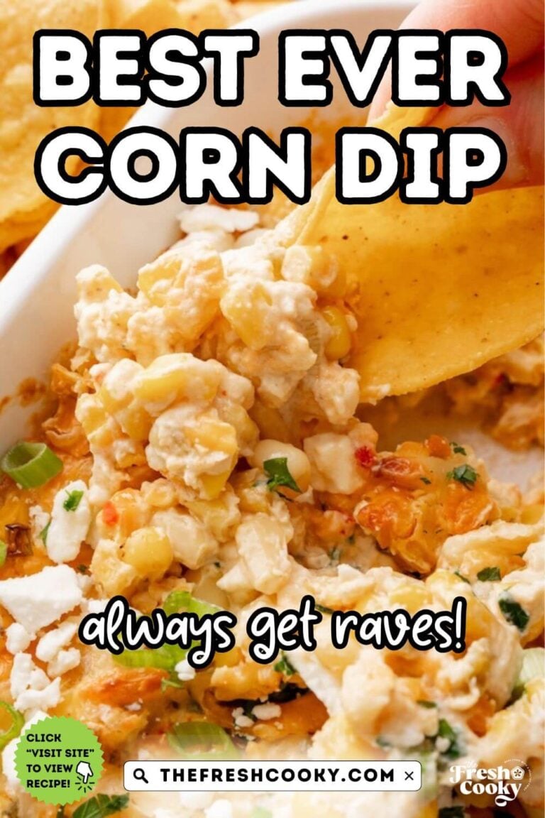 Hand dipping corn chip in street corn dip, to pin.