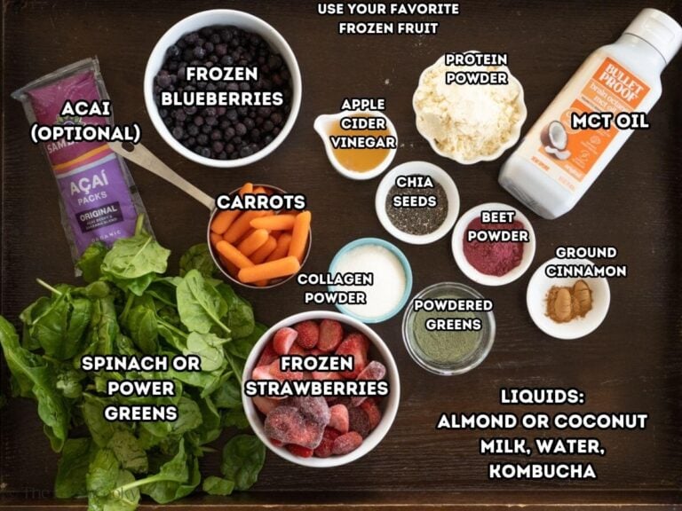 Ingredients needed to make a homemade vegetable and fruit smoothie.