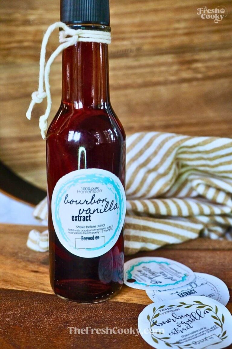 Bourbon vanilla extract in a small bottle with a free printable label for pinterest.