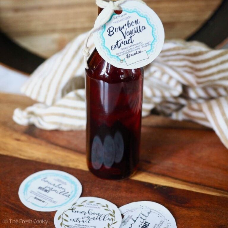 Bourbon vanilla in a bottle with a pretty label on it, and other printable labels (free) below.