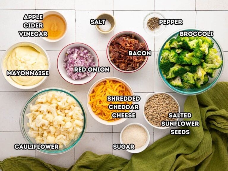 Ingredients needed to make broccoli cauliflower salad.