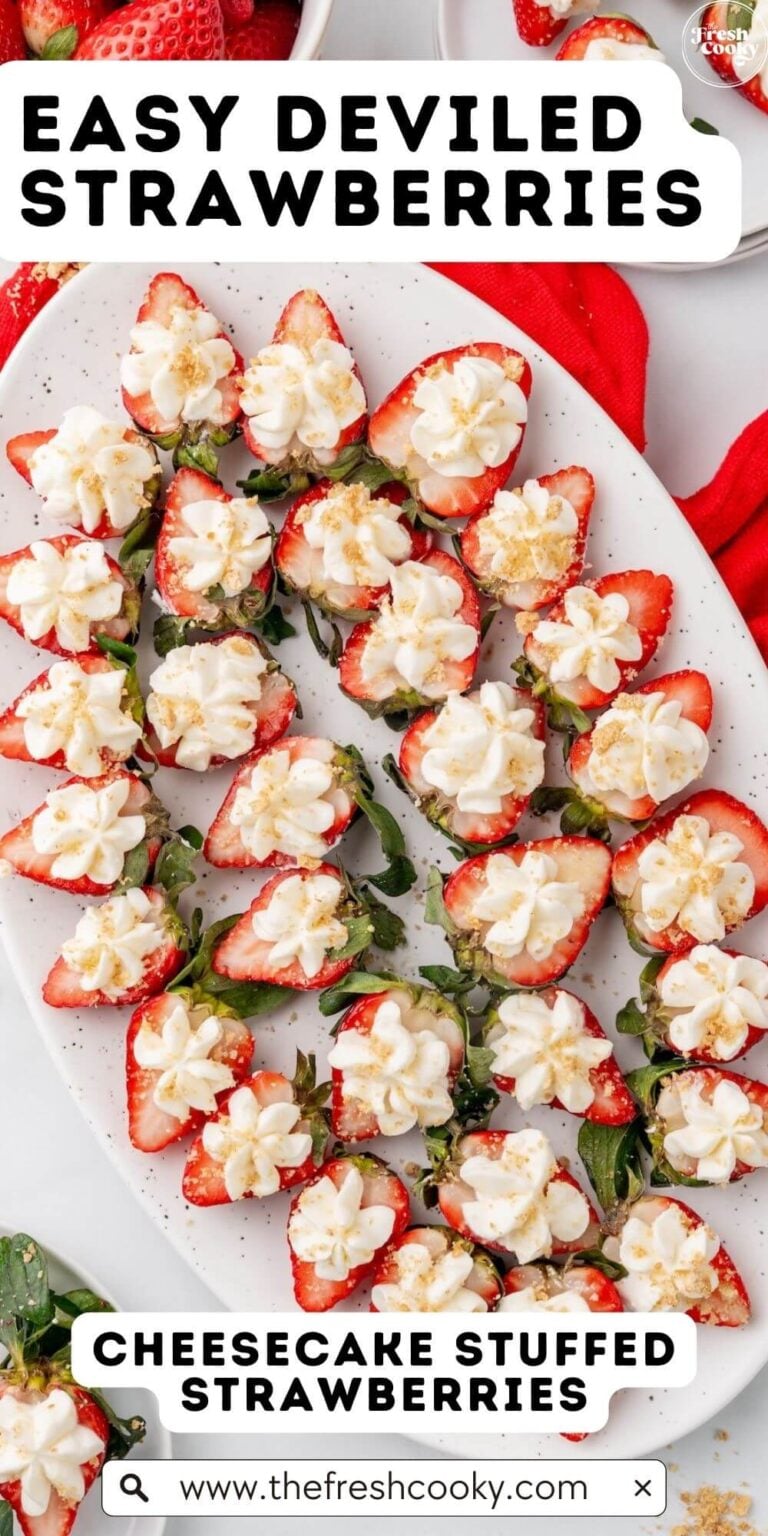 A platter of strawberries, halved topped with a kiss of cheesecake filling, to pin.