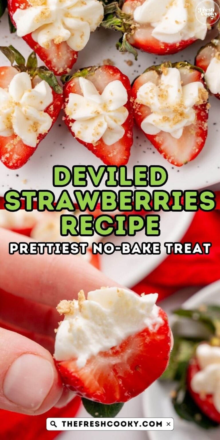 Cheesecake filled strawberries on a platter, to pin.