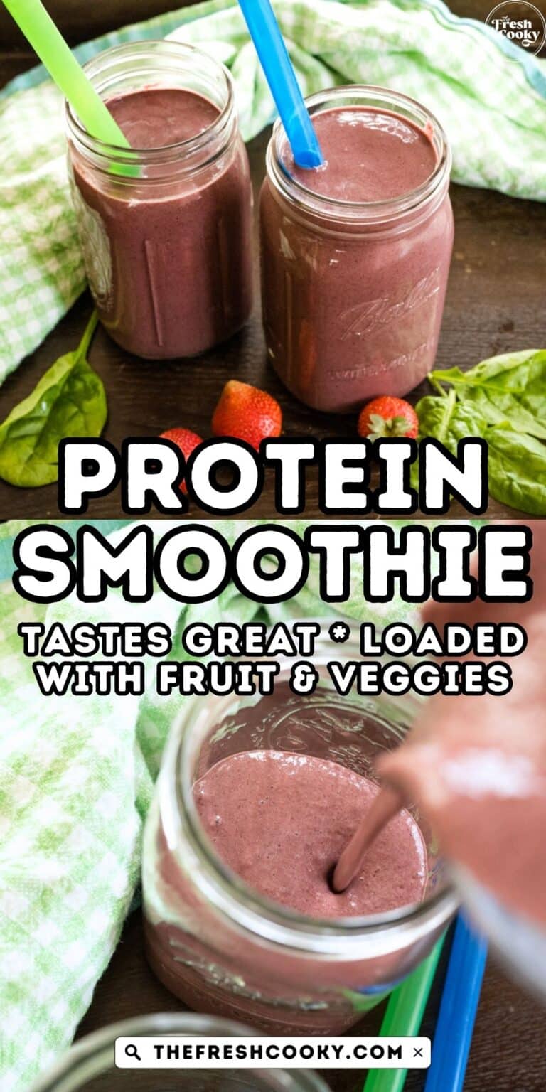 Protein smoothie being made and in mason jar with wide straw, to pin.