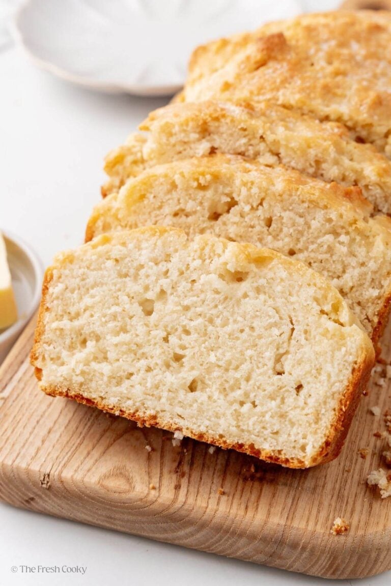 Slices of no yeast bread on a wooden board.