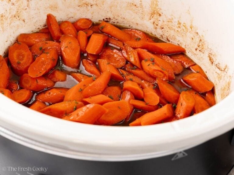 Finished slow cooker glazed carrots in the crockpot.