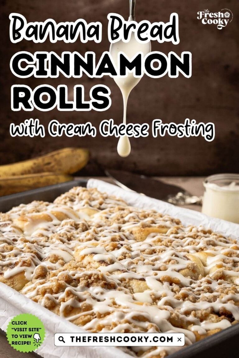 Drizzle being dripped onto freshly baked banana cinnamon rolls, to pin.