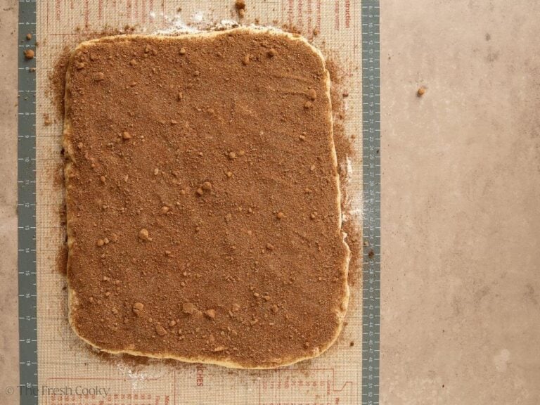 Sprinkled cinnamon sugar mixture on top of cinnamon roll dough.
