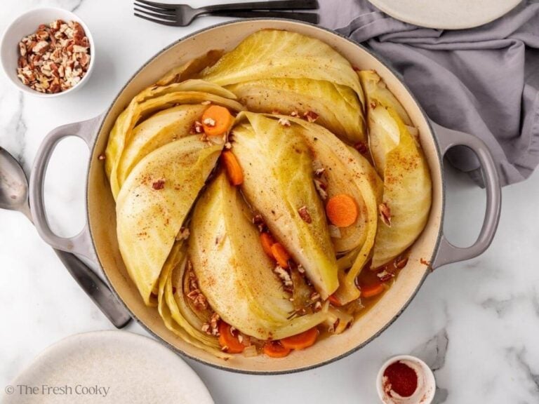 Braised cabbage in a Dutch oven skillet.