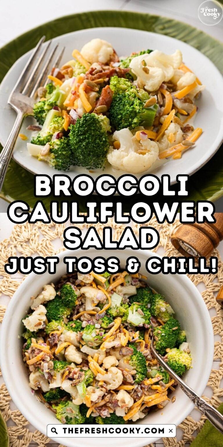 A bowl of vibrant broccoli and cauliflower salad with bacon and cheese, for pinning.