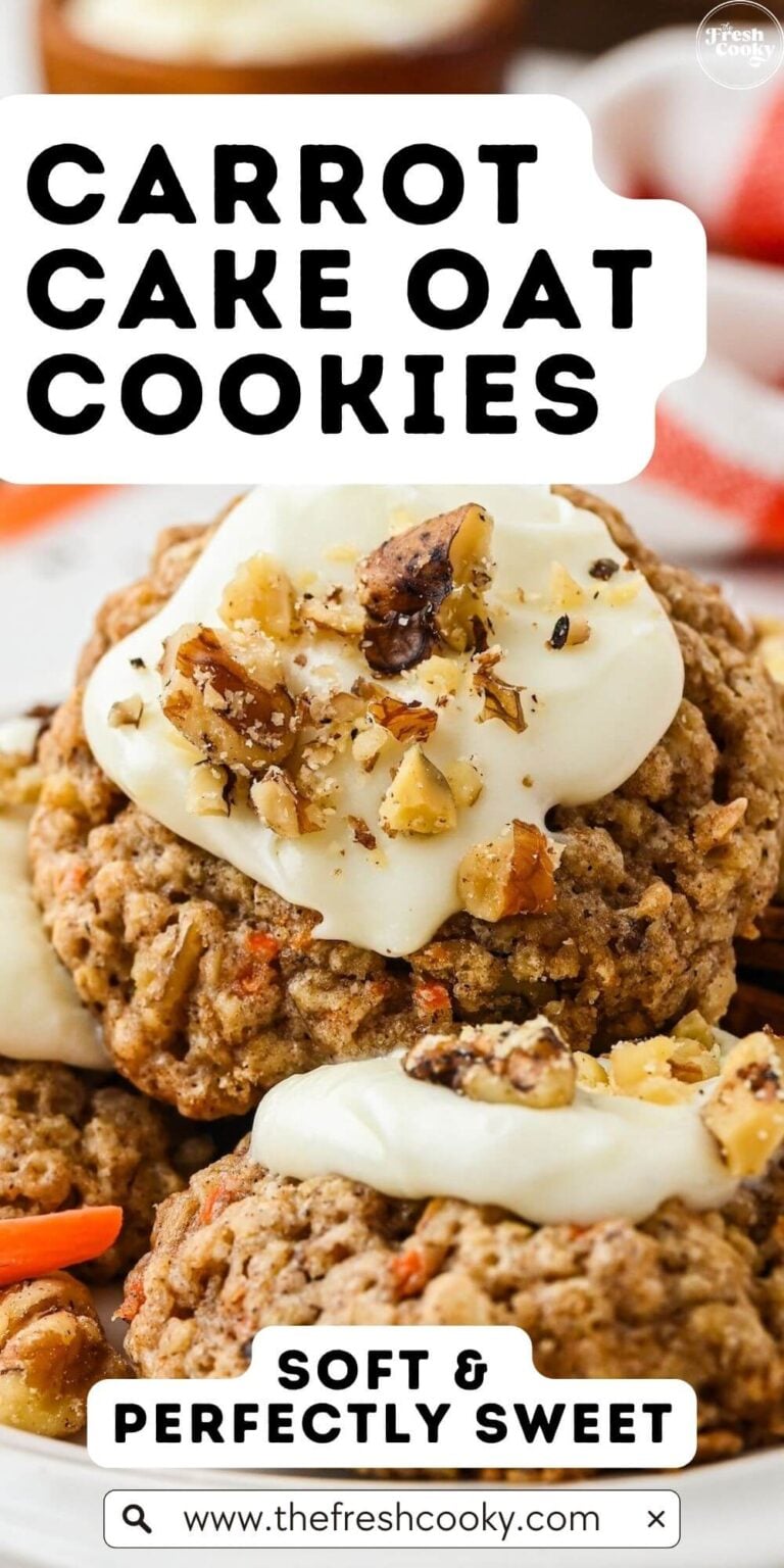 A couple of scalloped white plates holding carrot cake oat frosted cookies, to pin.