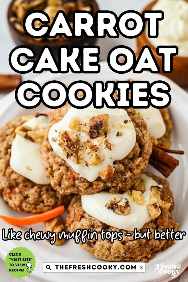 A pretty white scalloped plate with 4 carrot cake oat cookies, frosted and stacked, to pin.