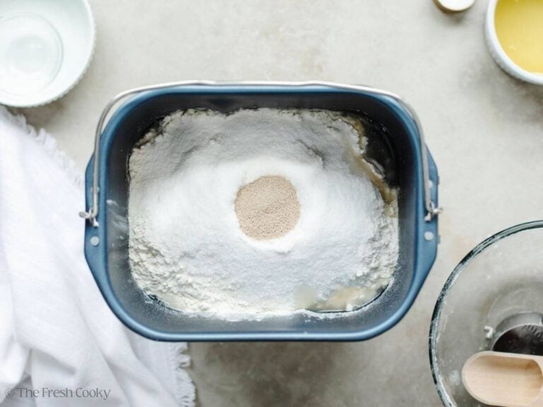 All ingredients layered in order in bread machine container.