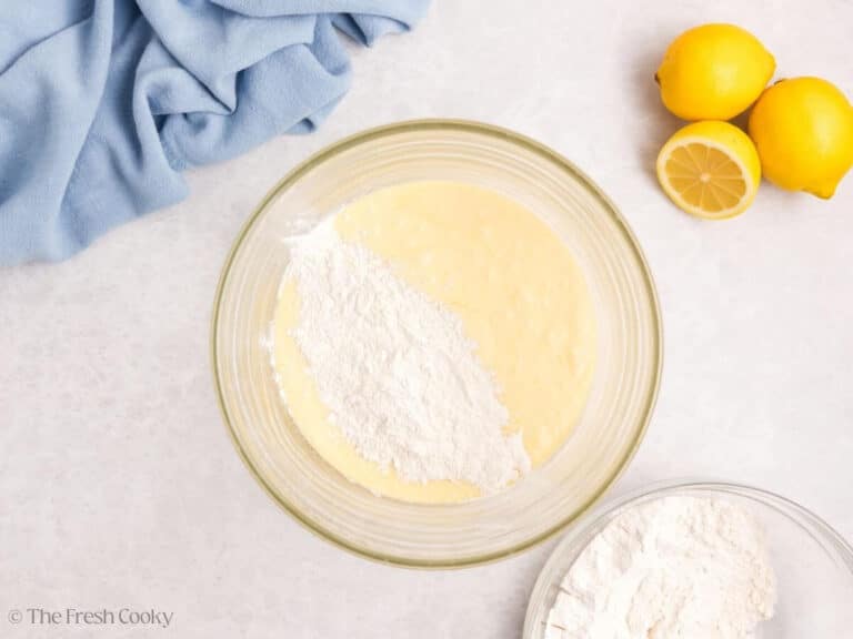 Flour mixture added to lemon meringue cupcake batter.
