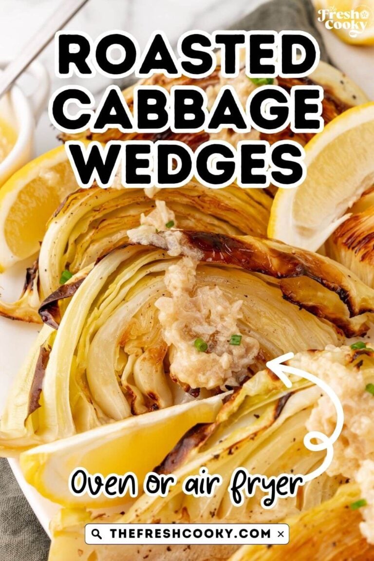 Roasted cabbage wedges with shallot sauce on a tray, for pinning.