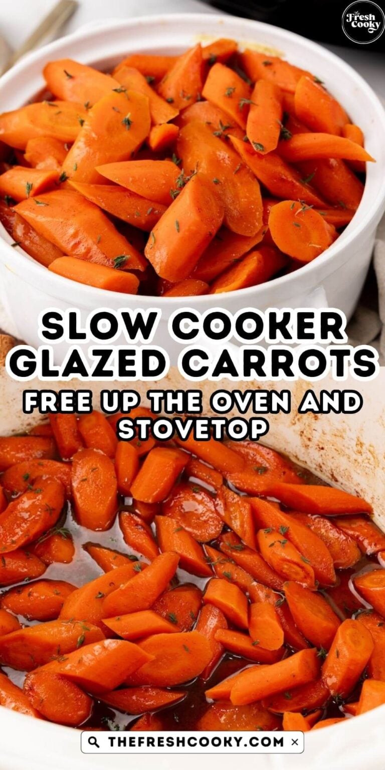 A serving of slow cooker glazed carrots in a pretty white bowl and in a white crockpot to pin.
