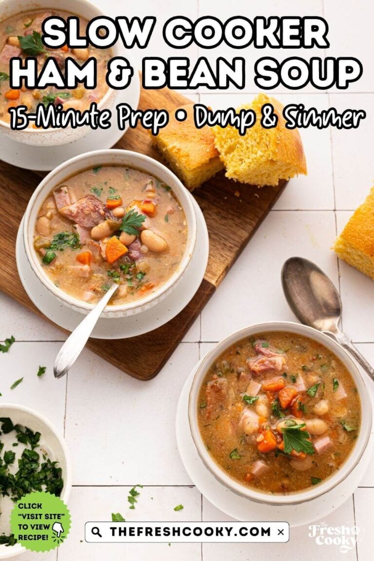 Two bowls of rich, thick, ham and bean soup made in the crock pot, with cornbread nearby, for pinning.