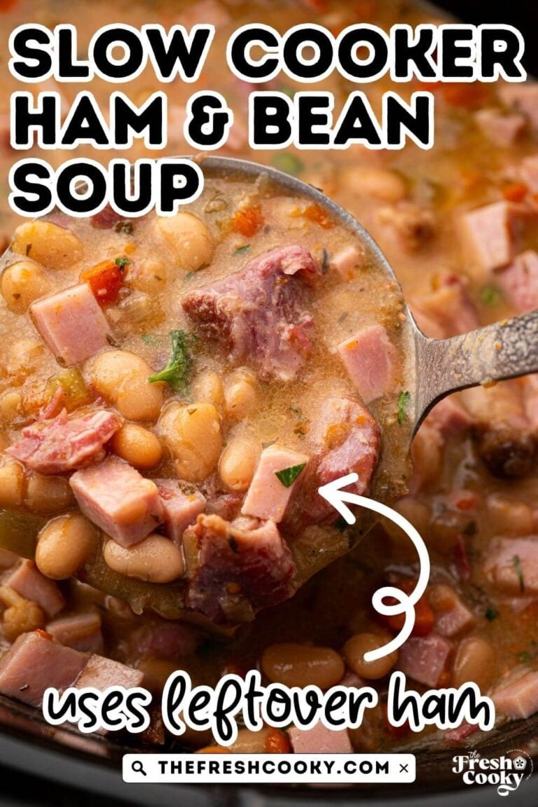 A ladle pulling up a serving of slow cooker ham and bean soup, for pinning.
