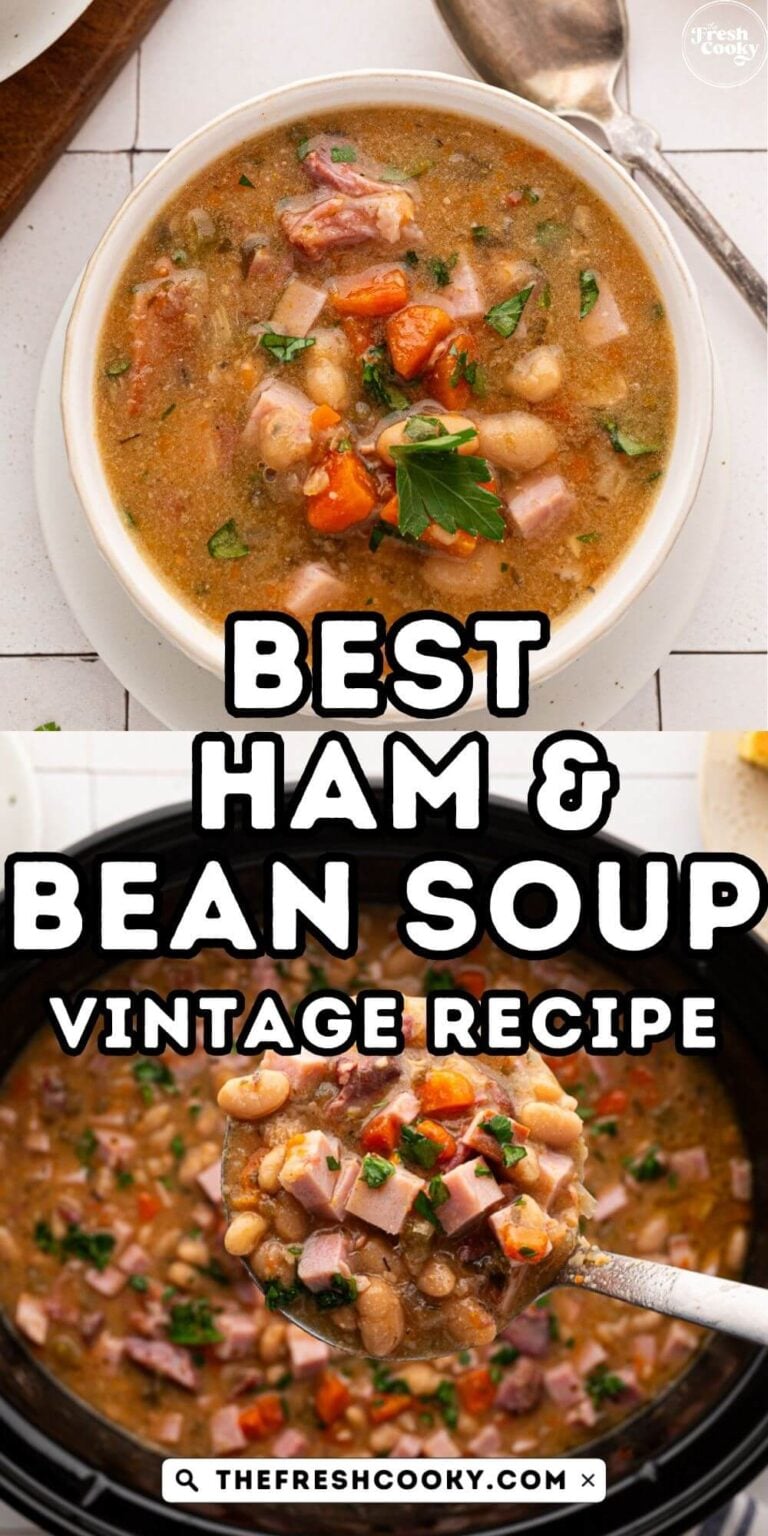 Looking down on a large white bowl full of vintage ham and bean soup, plus a ladle full of soup from the slow cooker, for pinning.