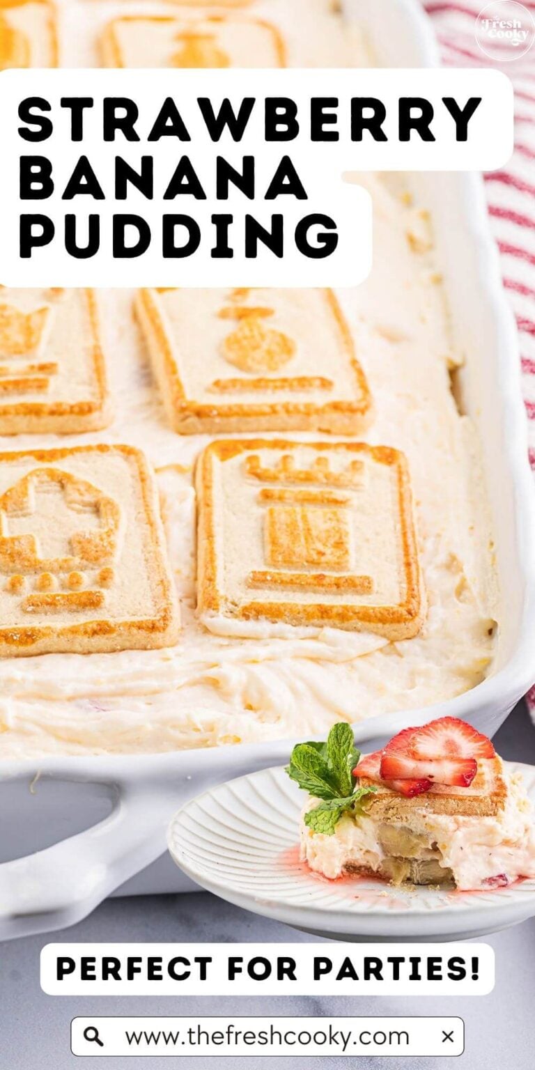A baking dish with strawberry banana pudding topped with Chessman cookies on top and a serving on a pretty white plate, to pin.