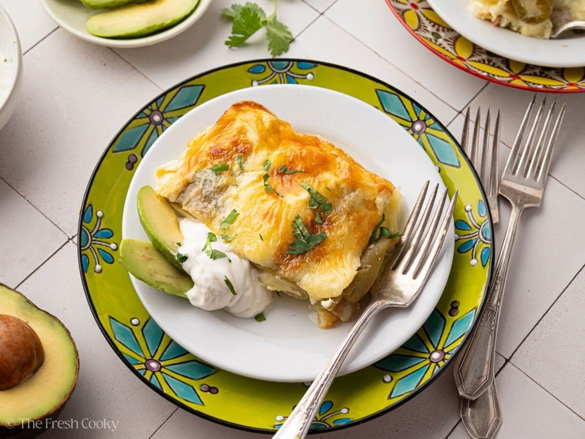 Chile Relleno Casserole Recipe slice on a plate garnished with cilantro.